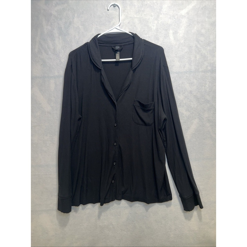 Skims Women's Pajama Top Large Black Ribbed Long Sleeve Button Soft Lounge